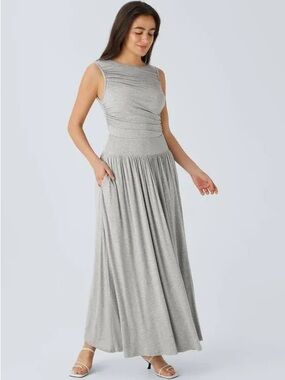 Halara Ribbed Boat Neck Asymmetric Strap Ruched Pocket Flowy Maxi Dres in Grey
